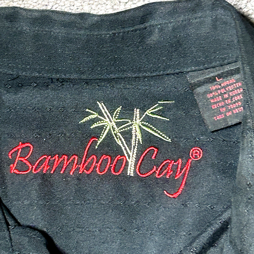 Bamboo Cay Men's Lg Black Hawaiian Camp Shirt Embroidered Bird‎ of Paradise - Picture 4 of 11